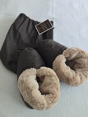 Restoration Hardware Plush-Fur Lined Slippers - Dark Brown & Beige